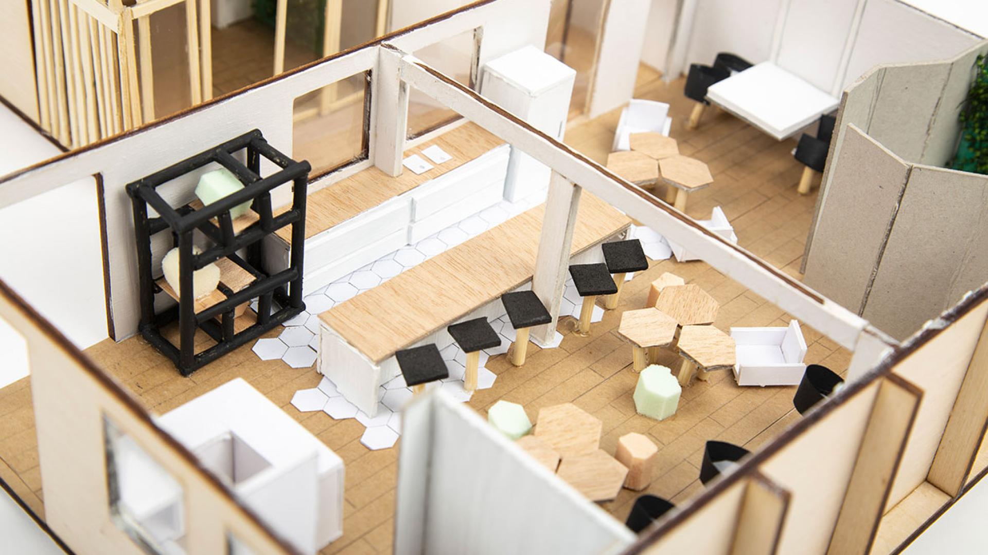 Maquette avec une vue de haut sur l'aménagement des espaces de la poste